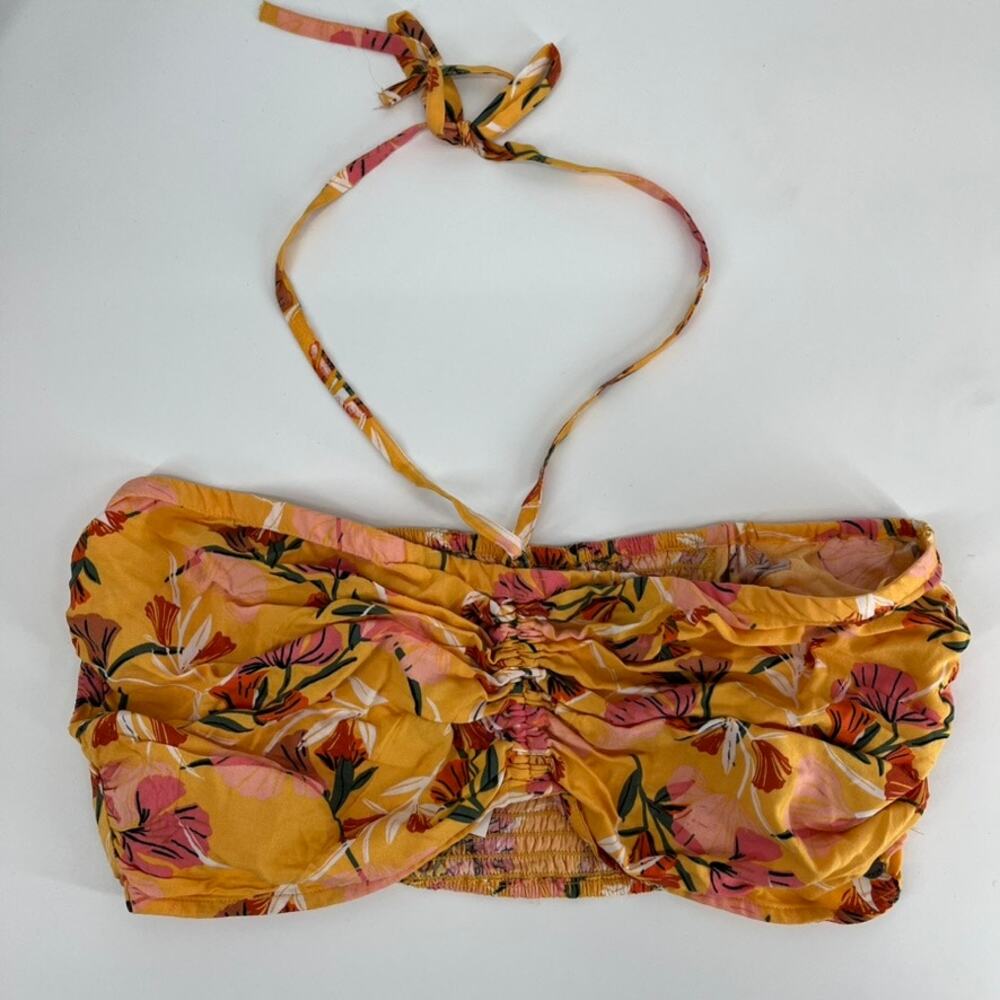 ROXY Island Hops Halter Tube Top Smocked Back Yellow Floral Womens New XL